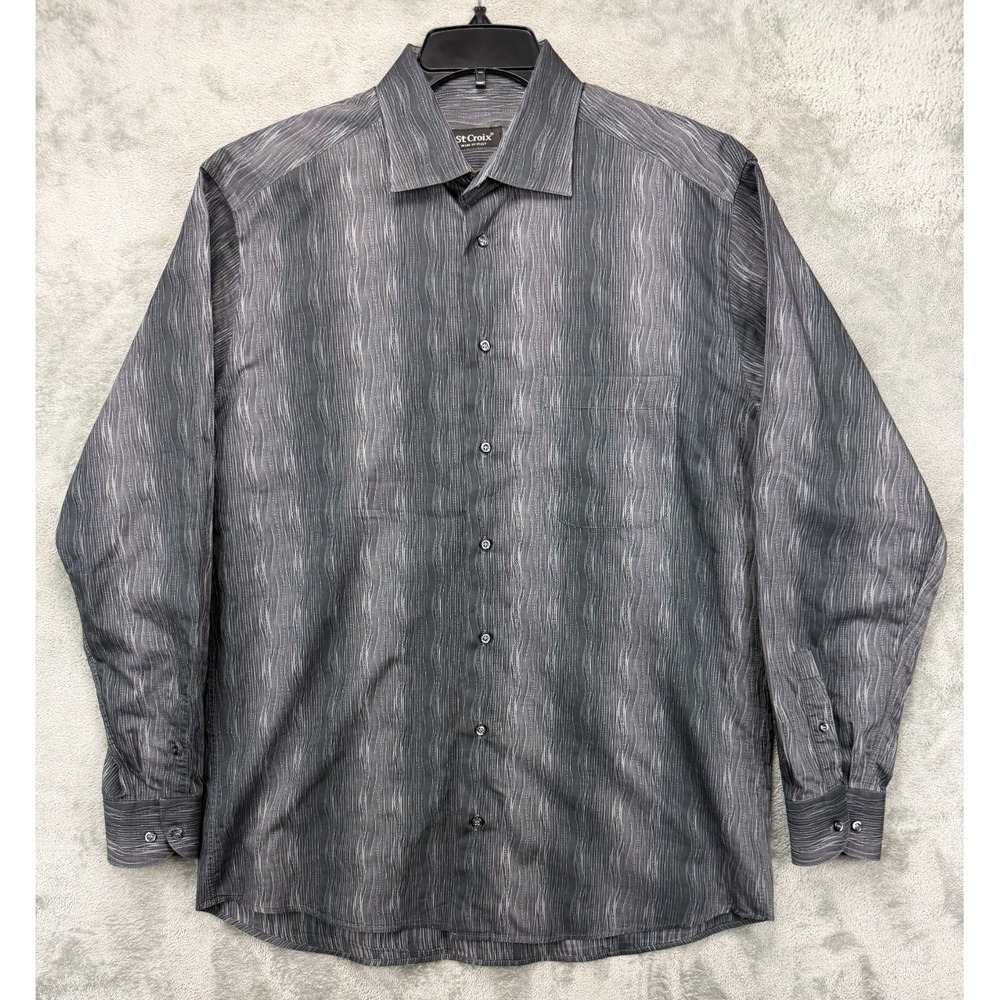 St Croix Men's Shirt L Dark Grey Geometric Striped Cotton‎ Long Sleeve Button Up